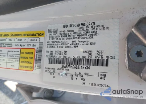 2020 Ford Fusion Se z USA, uszkodzony, nr VIN 3FA6P0HD6LR163534